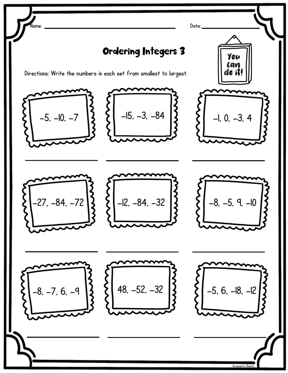 Set 3: students sort nine short integer sets like -1, 0, -3, 4 and 48, -52, -32 from smallest to largest