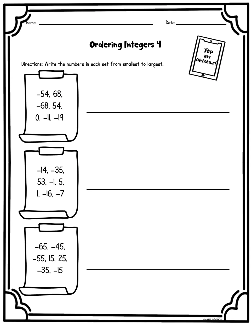 Set 4: students arrange three lists of seven or eight integers, including zero and opposites like 54 and -54, ascending
