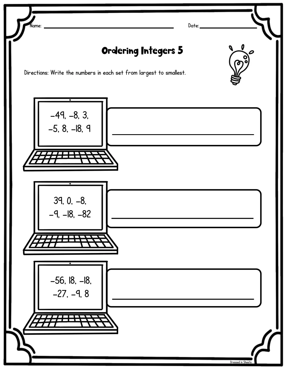 Set 5 reverses direction: students write three lists of six or seven integers, including zero, from largest to smallest