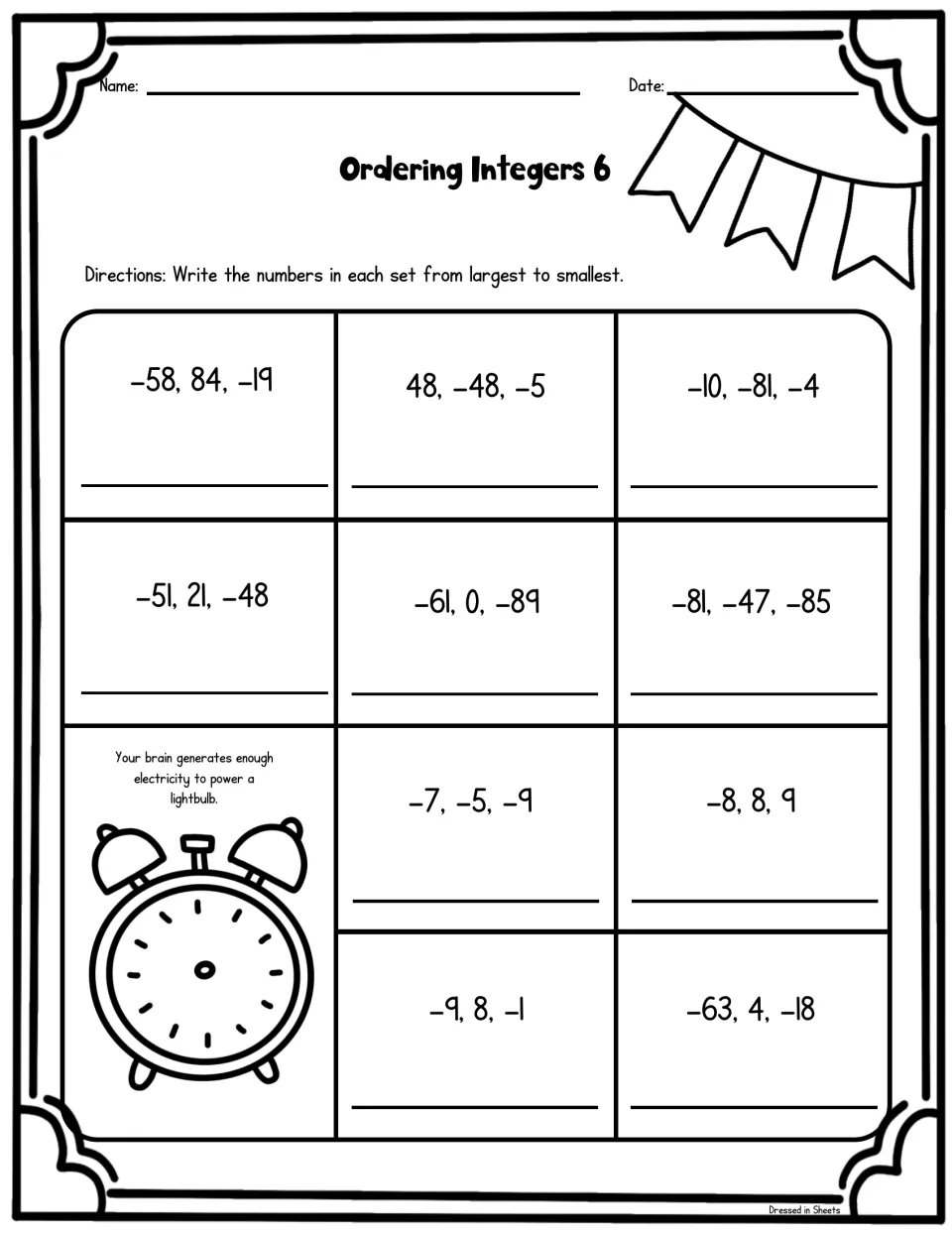 Set 6: students order ten three-number integer sets like -58, 84, -19 from largest to smallest, beside a brain fun fact