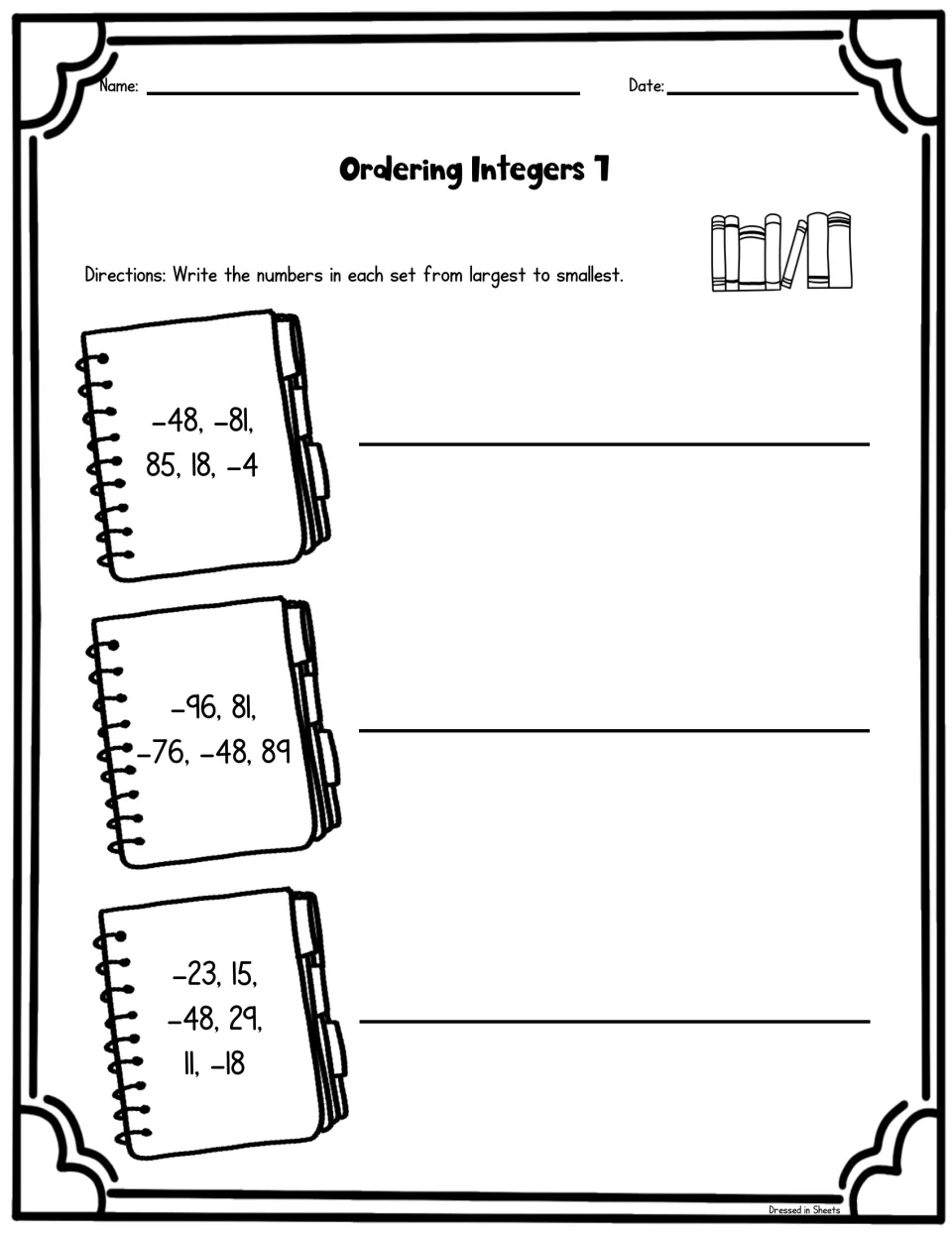 Set 7: students rewrite three lists of five or six integers, such as -96, 81, -76, -48, 89, in descending order