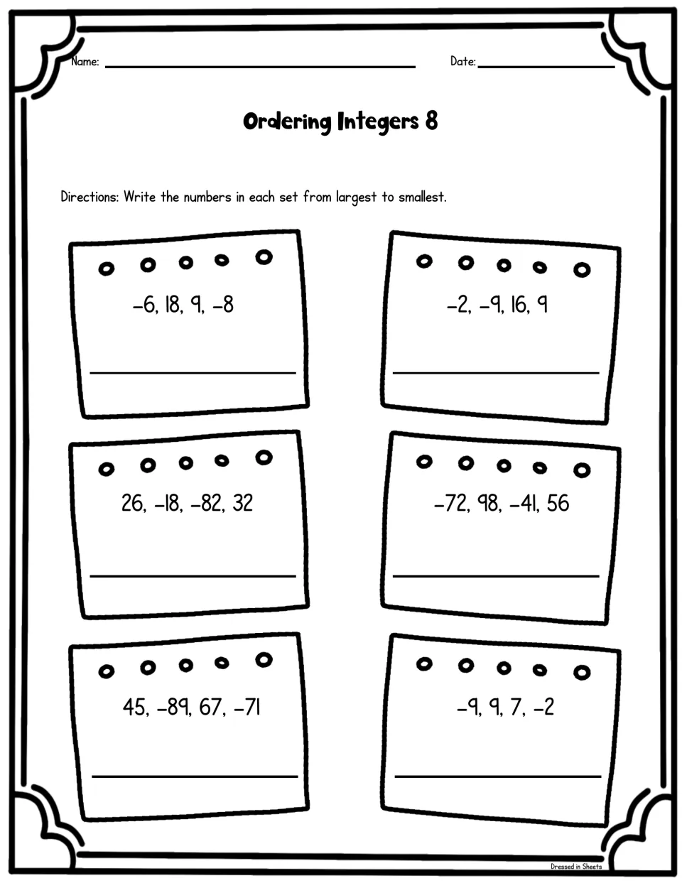 Set 8: students order six four-number sets with mixed signs, such as 45, -89, 67, -71, from largest to smallest