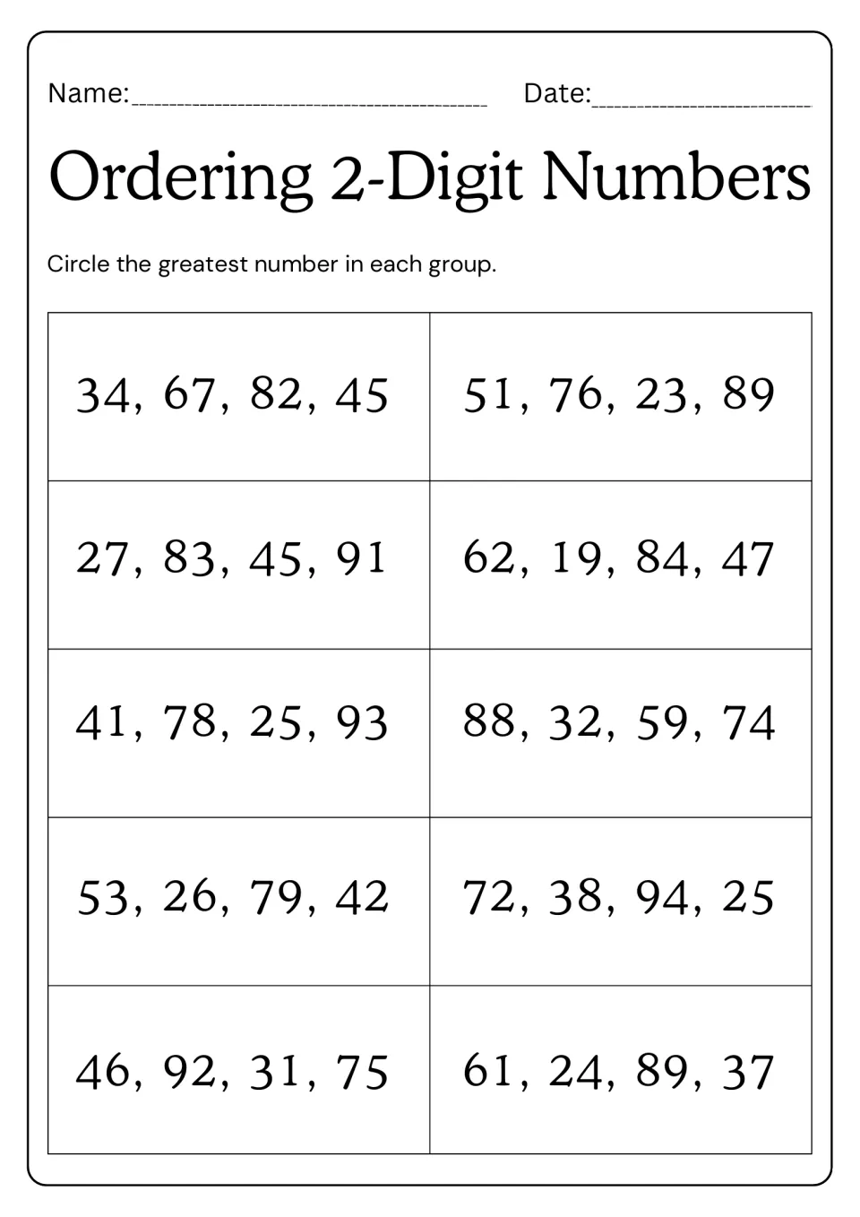 Comparing 2-digit numbers: students circle the greatest number in each of 10 groups of four, like 34, 67, 82, 45
