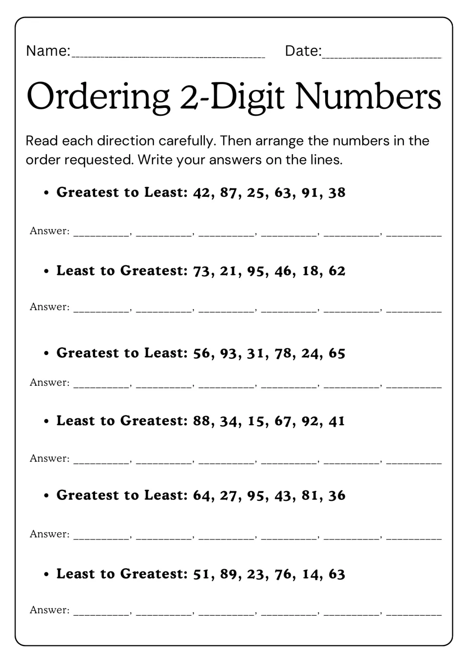 Mixed ordering: students read each direction, then sort six 2-digit numbers greatest to least or least to greatest