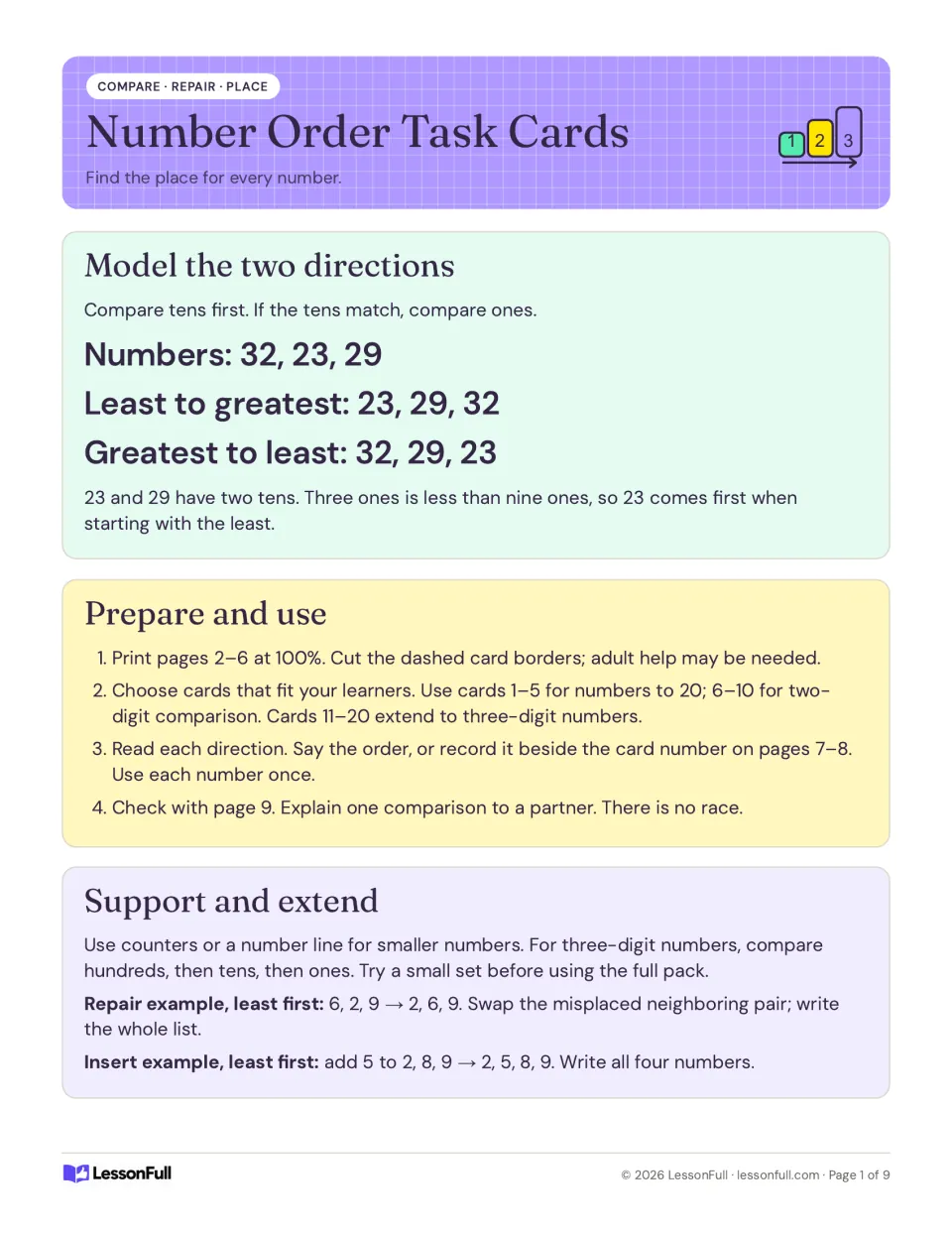 Number-ordering instructions model 32, 23, and 29 in both directions and explain repair and insert tasks.