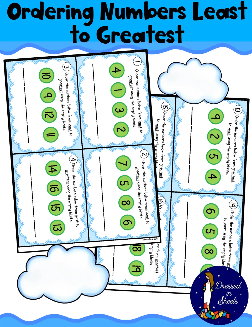 Ordering Numbers Least to Greatest cover: task cards showing four numbers in green circles with blanks to order them