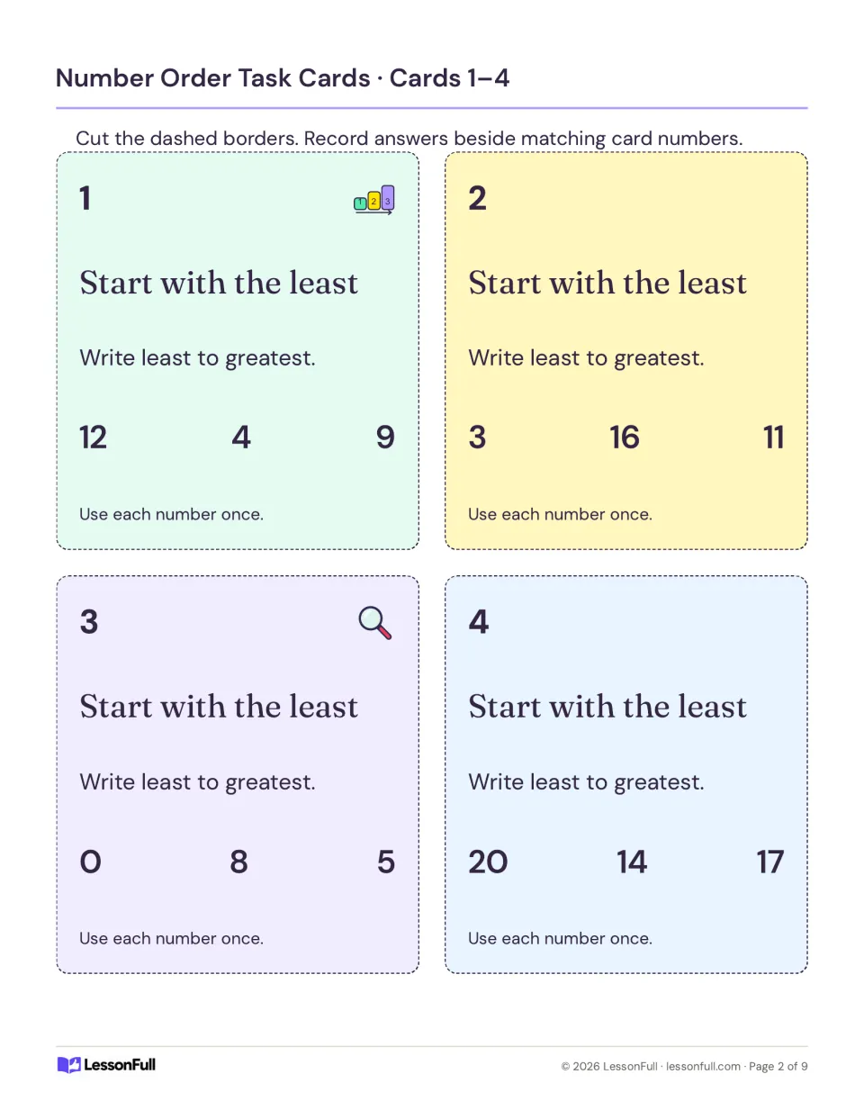 Number-ordering cards 1–4 ask for least to greatest using sets including 12, 4, 9 and 3, 16, 11.