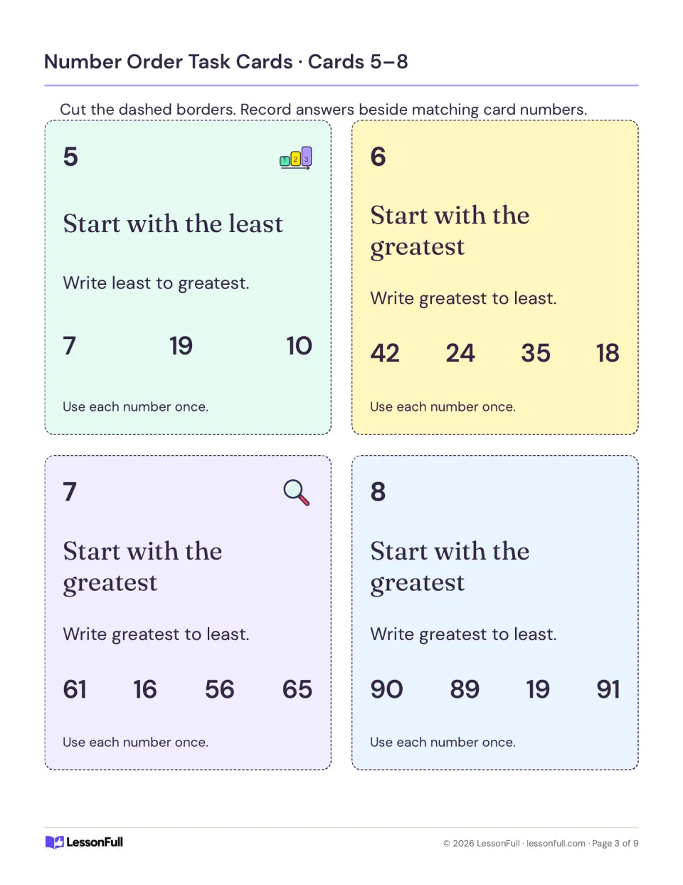 Number-ordering cards 5–8: order 7, 19, 10 least to greatest, then three sets of two-digit numbers greatest first.