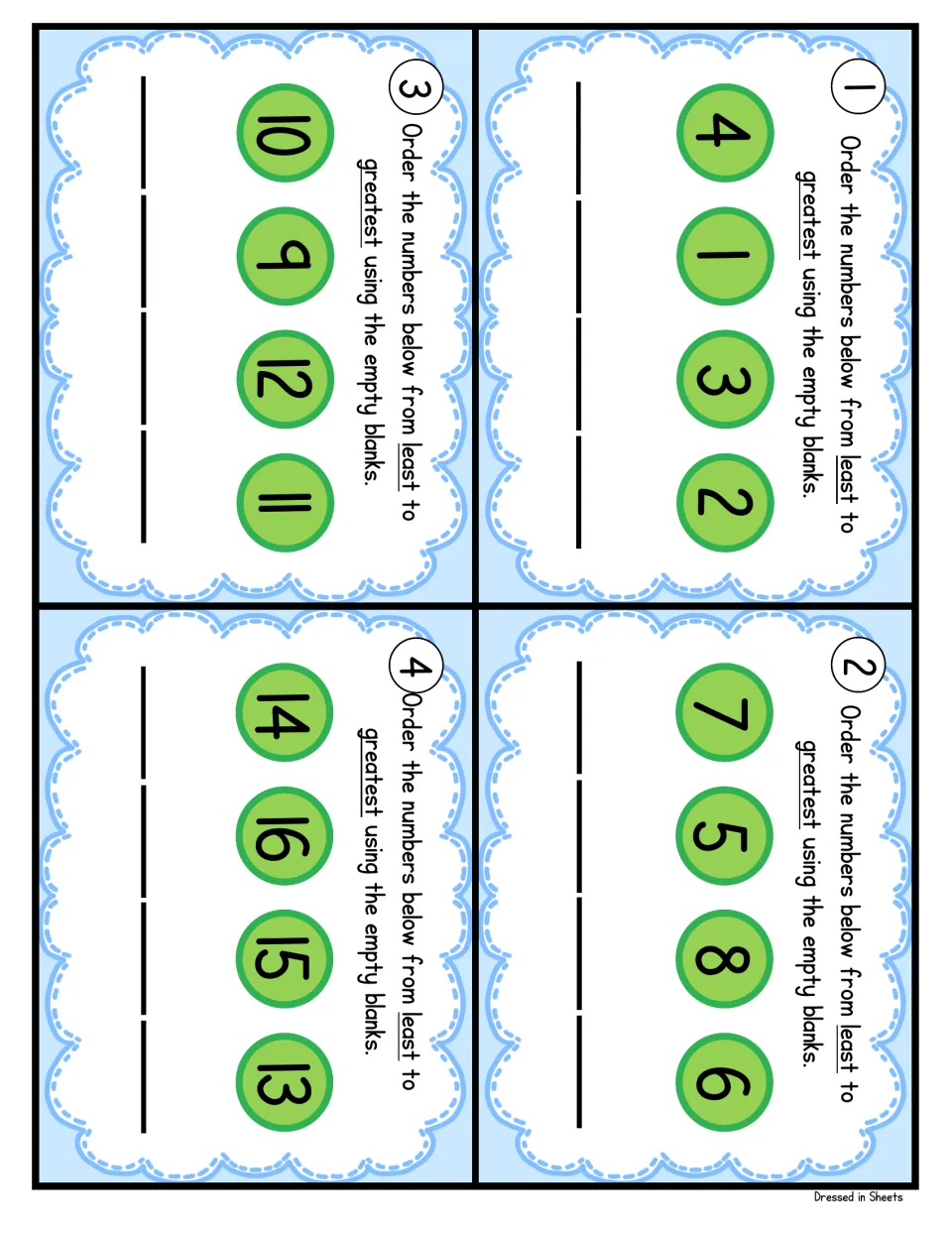Task cards 1-4: students order sets of four numbers from 1 to 16, such as 4, 1, 3, 2, from least to greatest on blanks