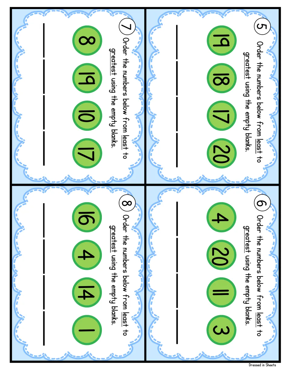 Task cards 5-8: ordering four numbers up to 20 least to greatest, including 19, 18, 17, 20 and 16, 4, 14, 1