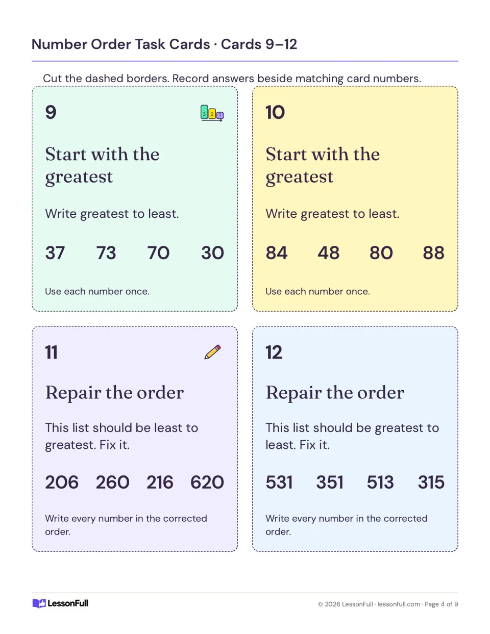 Number-ordering cards 9–12: order two-digit sets greatest to least and repair two three-digit number lists.