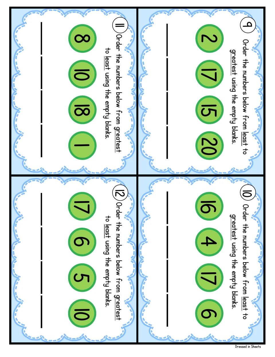 Task cards 9-12: two cards order numbers least to greatest, two switch to greatest to least, e.g. 8, 10, 18, 1