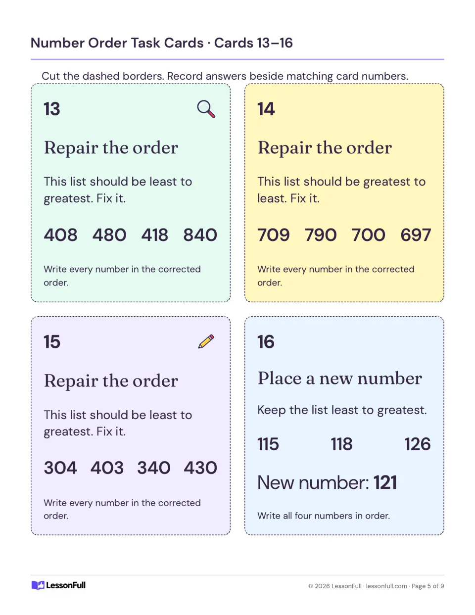 Number-ordering cards 13–16: repair three lists of three-digit numbers and insert 121 into 115, 118, 126.