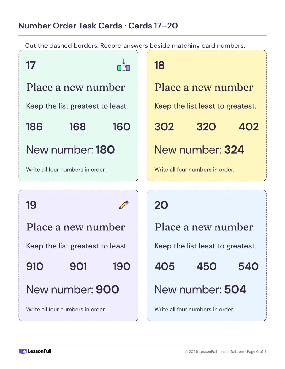Number-ordering cards 17–20 ask students to insert 180, 324, 900, and 504 into lists and write all four numbers.