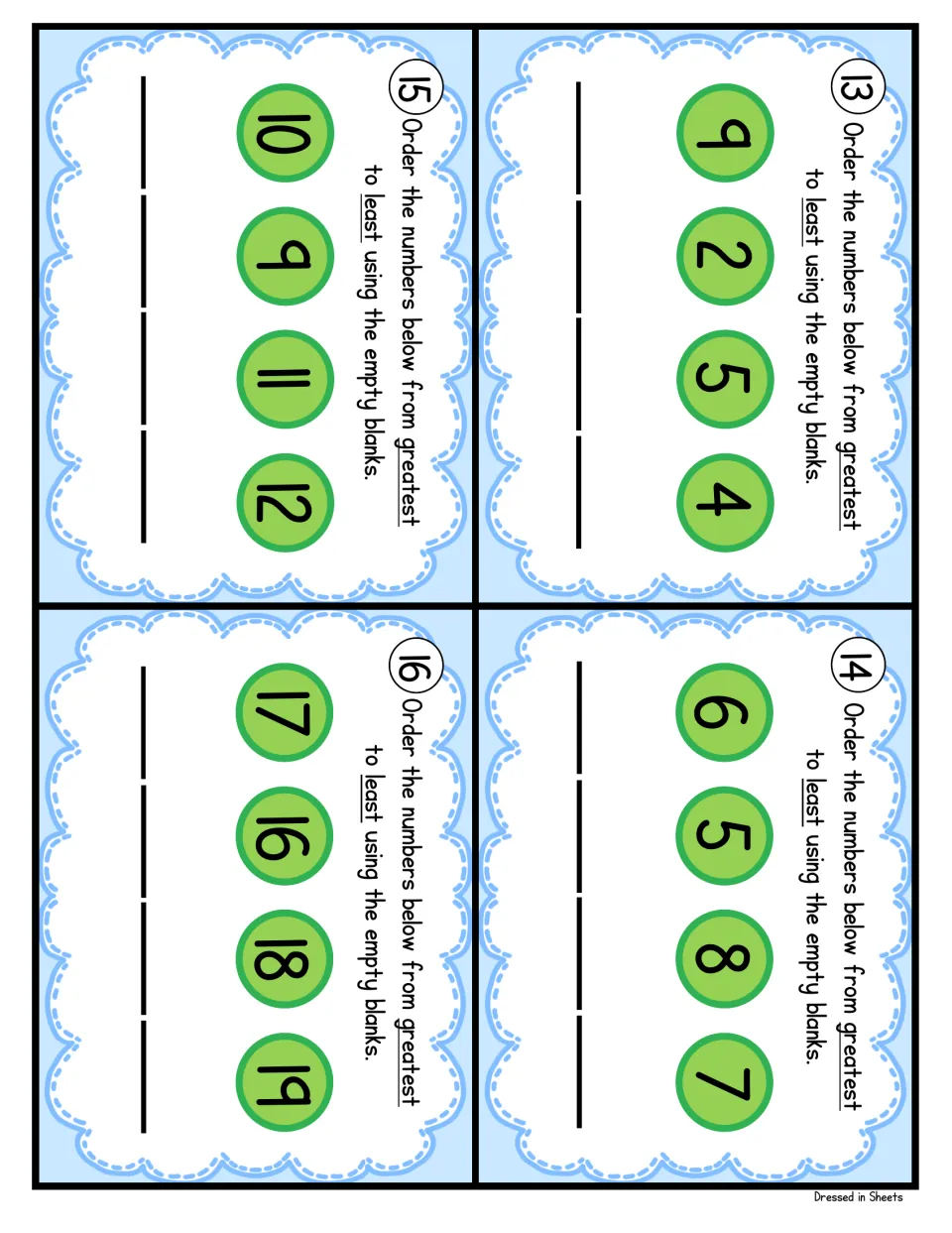 Task cards 13-16: students order four numbers greatest to least, such as 9, 2, 5, 4 and 17, 16, 18, 19