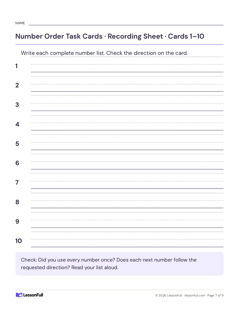 Recording sheet for number-ordering cards 1–10 asks for complete lists and a check of each card's direction.