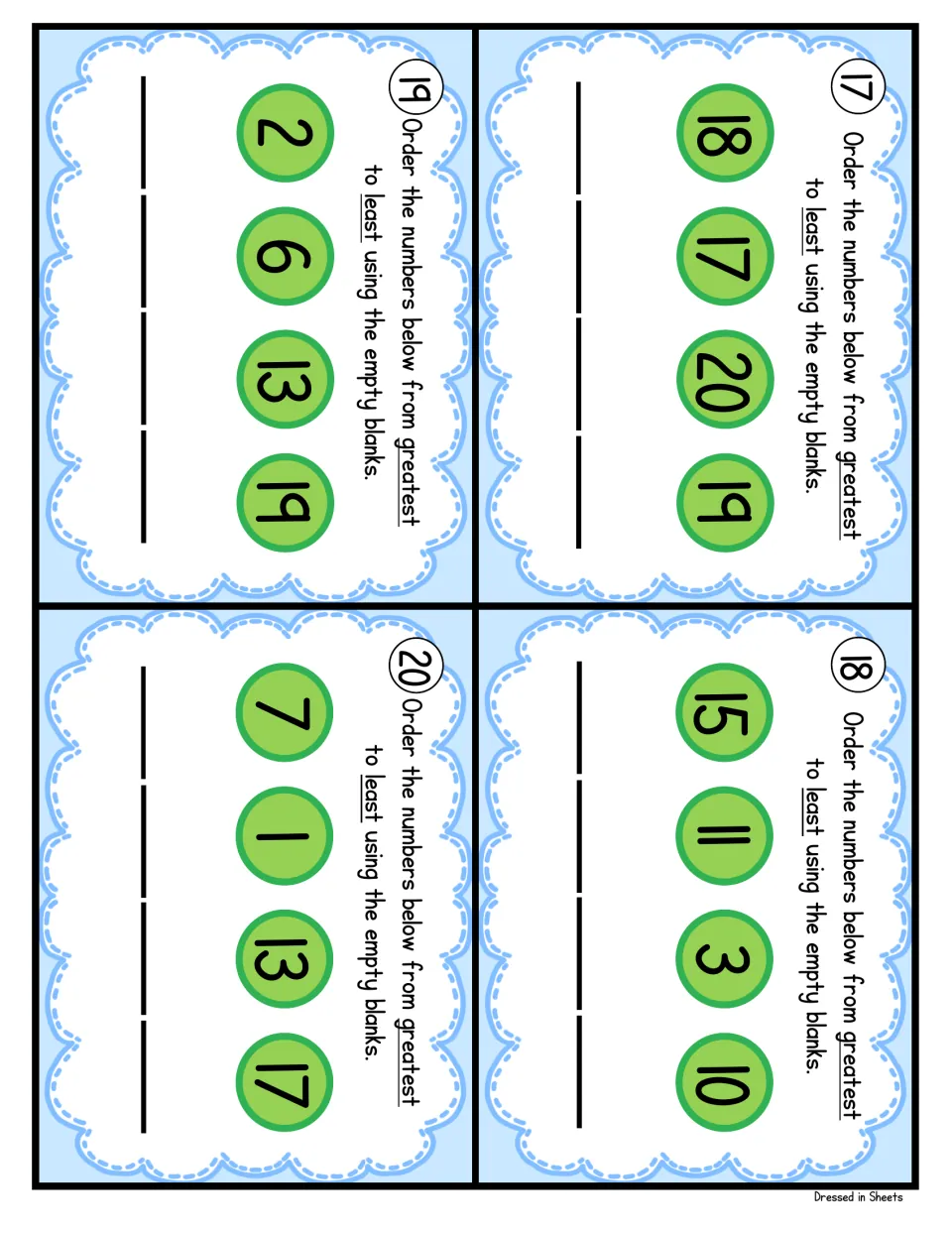 Task cards 17-20: ordering numbers to 20 from greatest to least, including 18, 17, 20, 19 and 7, 1, 13, 17