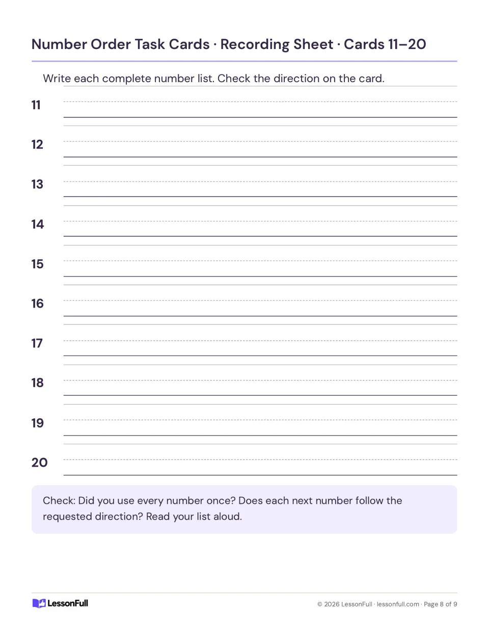 Recording sheet for number-ordering cards 11–20 asks for complete lists and checks that every number is used once.