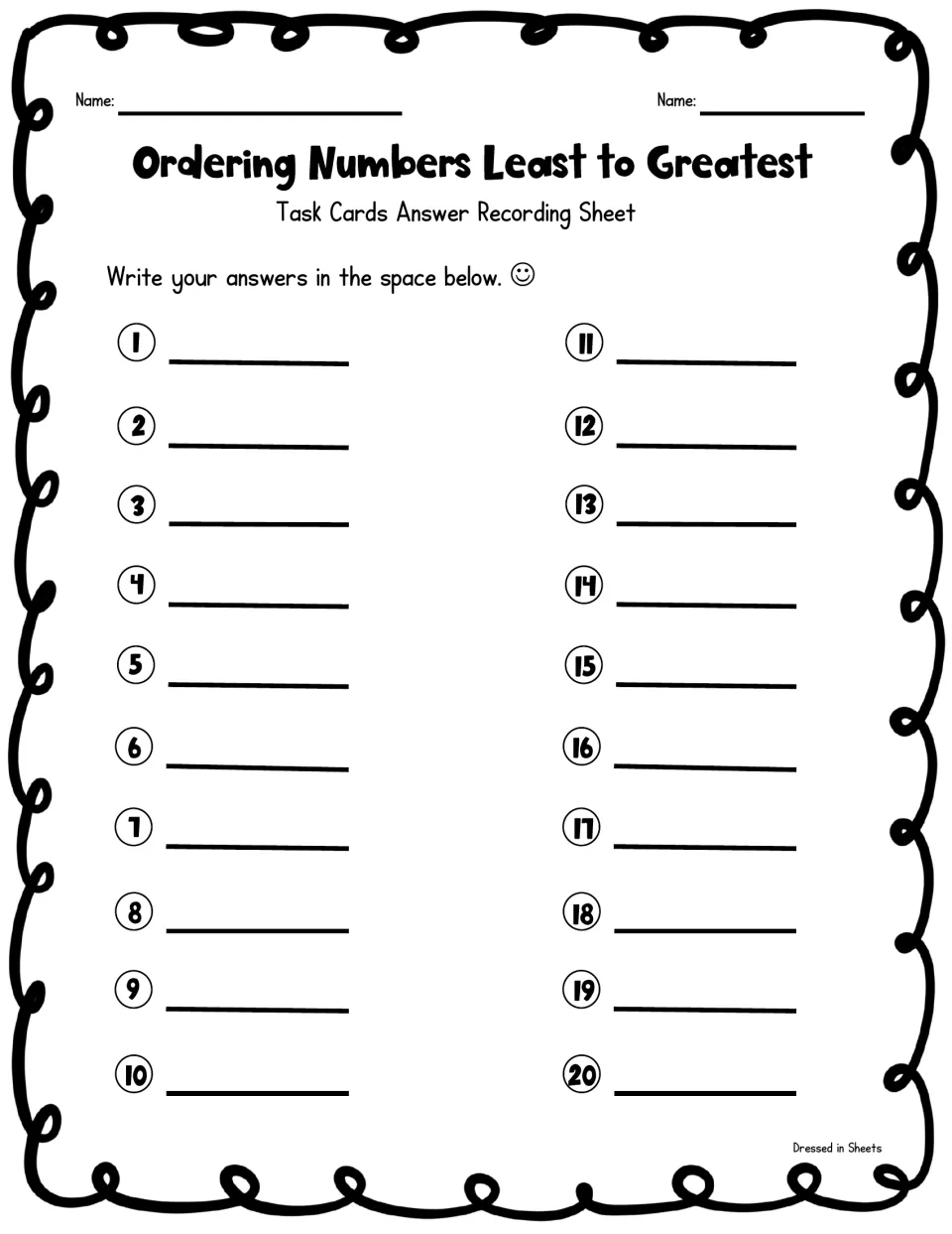 Answer recording sheet: numbered blanks 1-20 where students write each task card's ordered numbers, with name lines