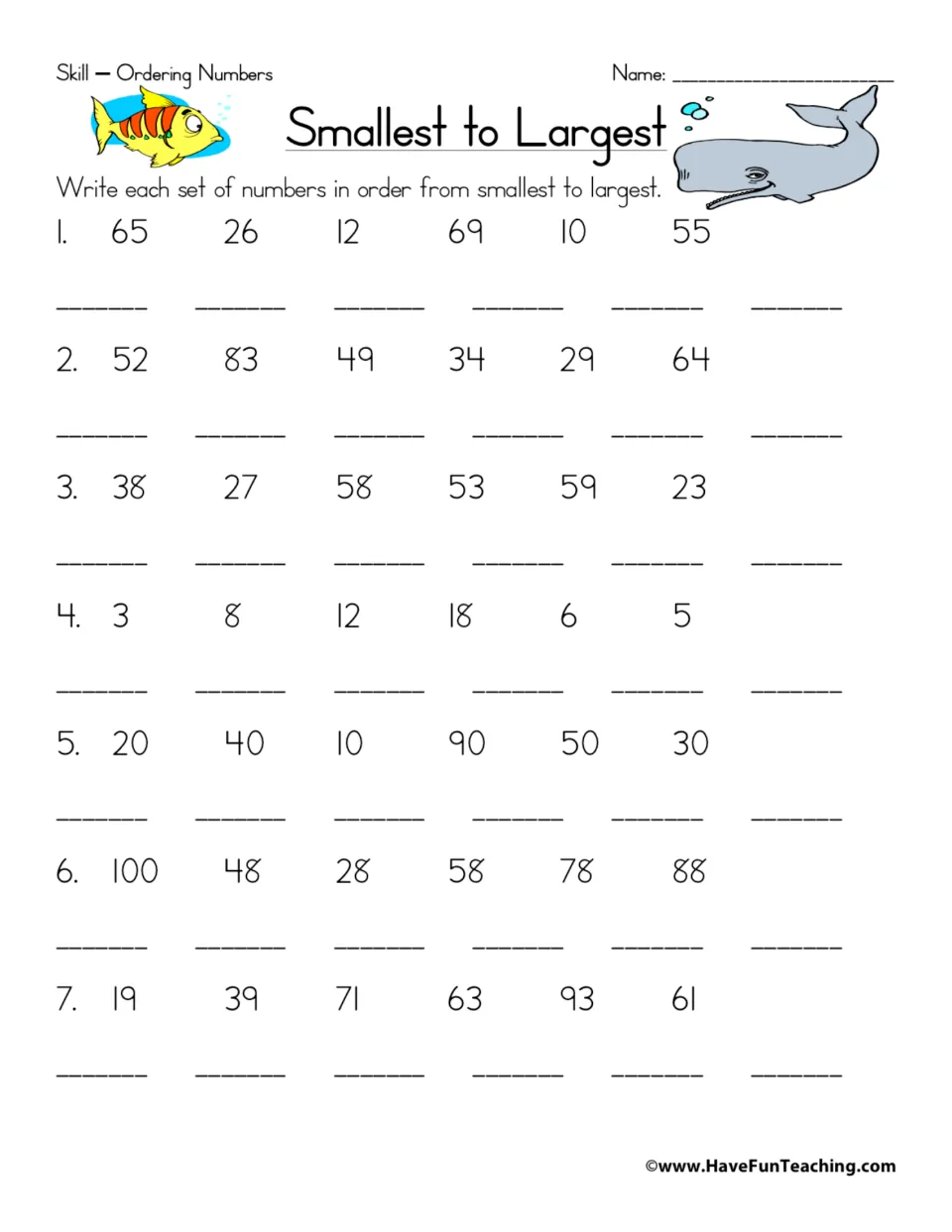 Smallest to Largest: students put 7 sets of six numbers, from 3 up to 100, in order from smallest to largest