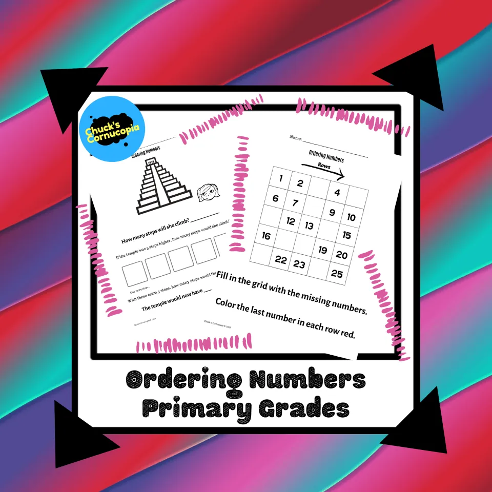 Ordering Numbers Primary Grades cover previewing a temple step-counting page and a 1 to 25 missing-number grid page