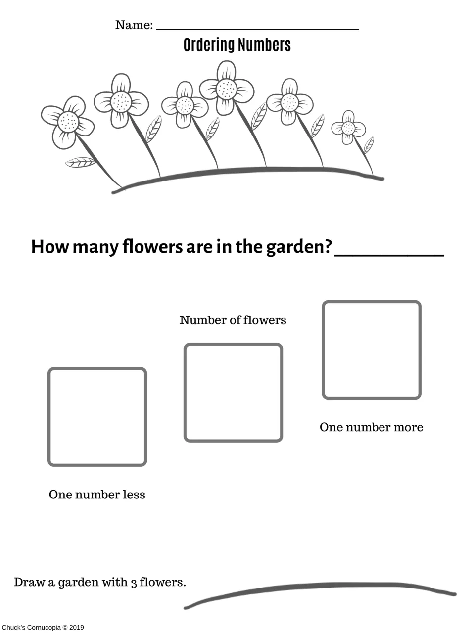 Counting flowers: students count the garden flowers, write the number, one number less and one more, then draw 3 flowers