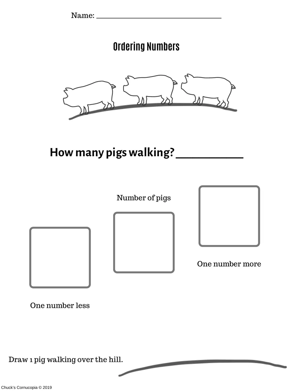 Counting pigs: students count the pigs walking on a hill, write one number less and one more, then draw 1 pig over the hill