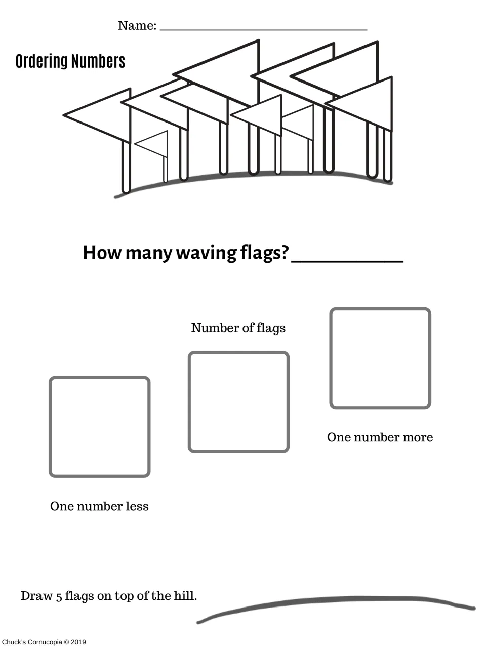 Counting flags: students count the waving flags on a hill, write the number, one less and one more, then draw 5 flags