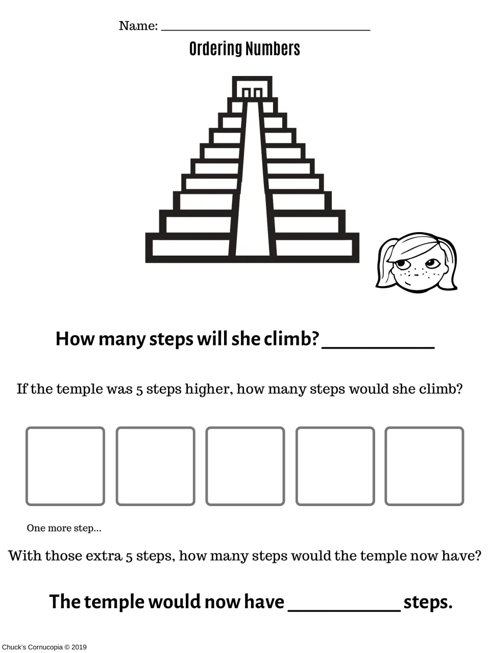 Temple steps: students count the steps a girl will climb, add 5 extra steps one at a time and write the temple's new total
