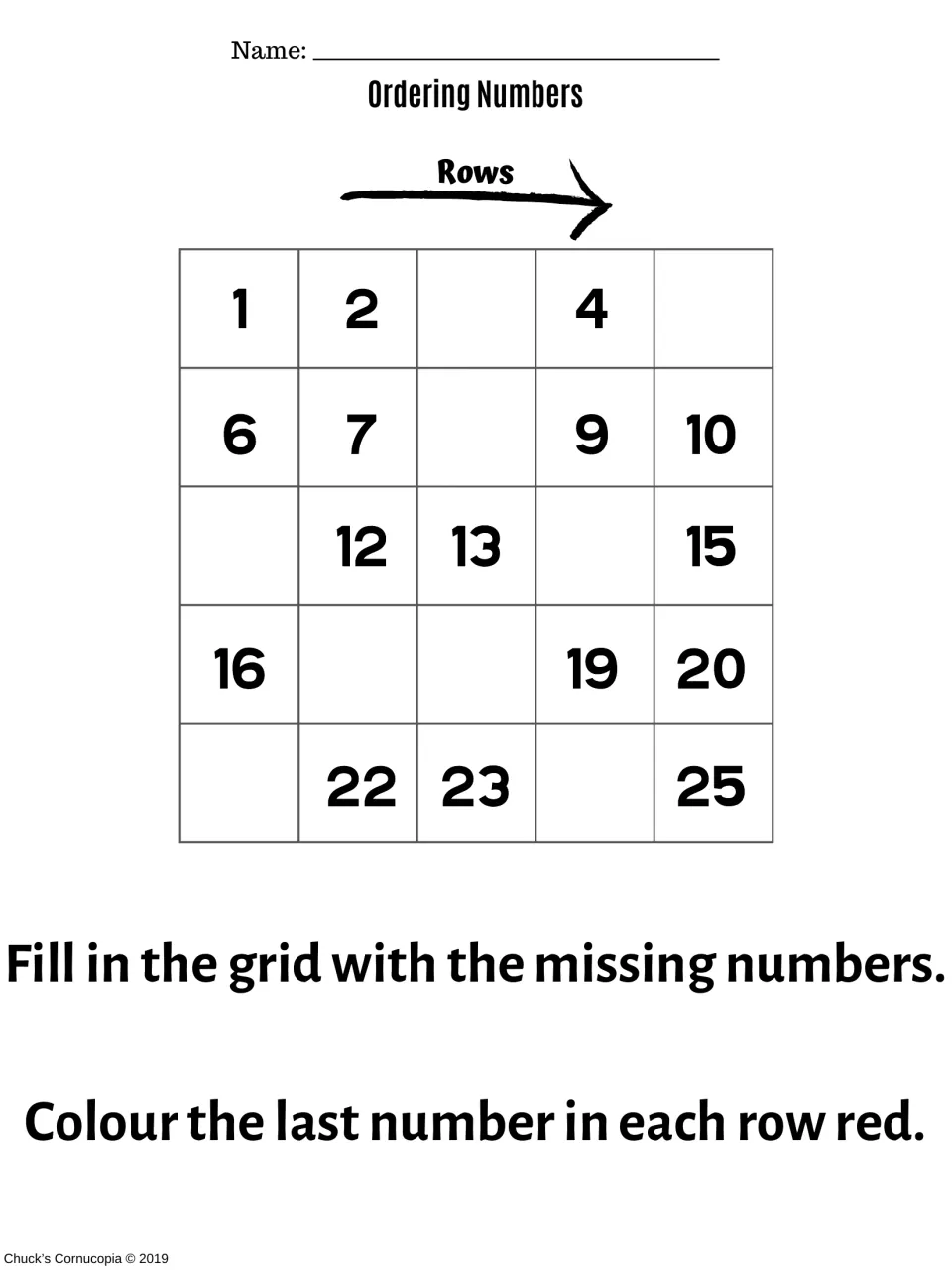 Missing numbers 1 to 25, UK spelling: students fill the gaps across each row and colour the last number in each row red