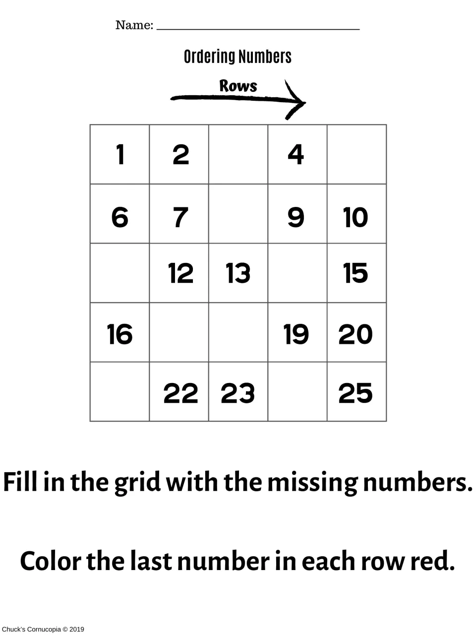 Missing numbers 1 to 25, US spelling: students complete each row in order, then color the last number of every row red
