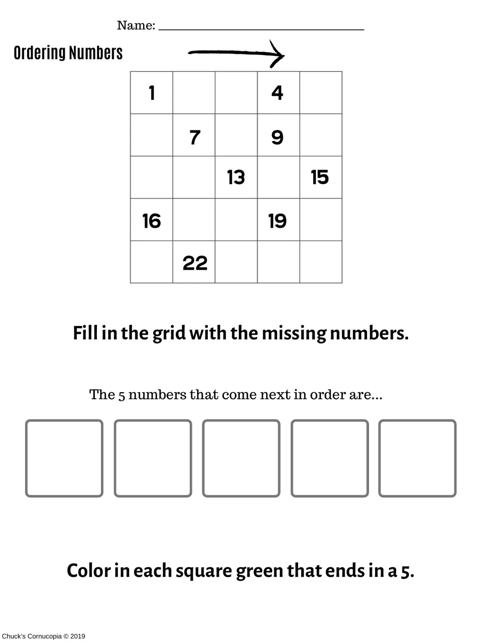 Sequence to 25, US spelling: students complete the sparse number grid, write 5 numbers that come next, color the 5s green