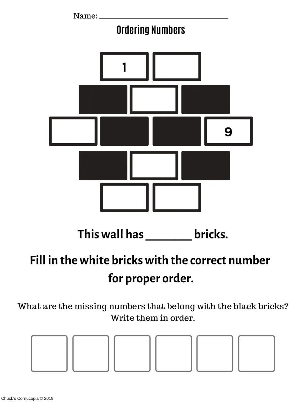 Brick wall sequence: students count the bricks, number the white bricks in order and write the black-brick numbers in order