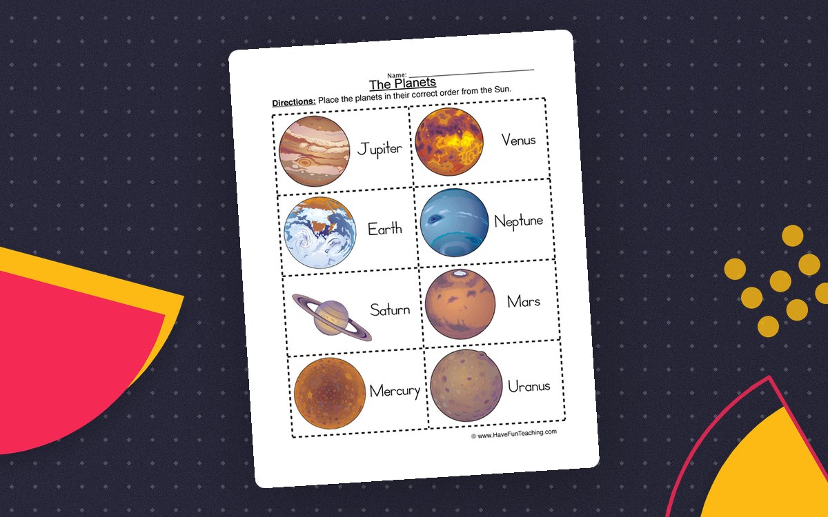 The Planets cut-and-order worksheet with illustrated cards for the eight planets.