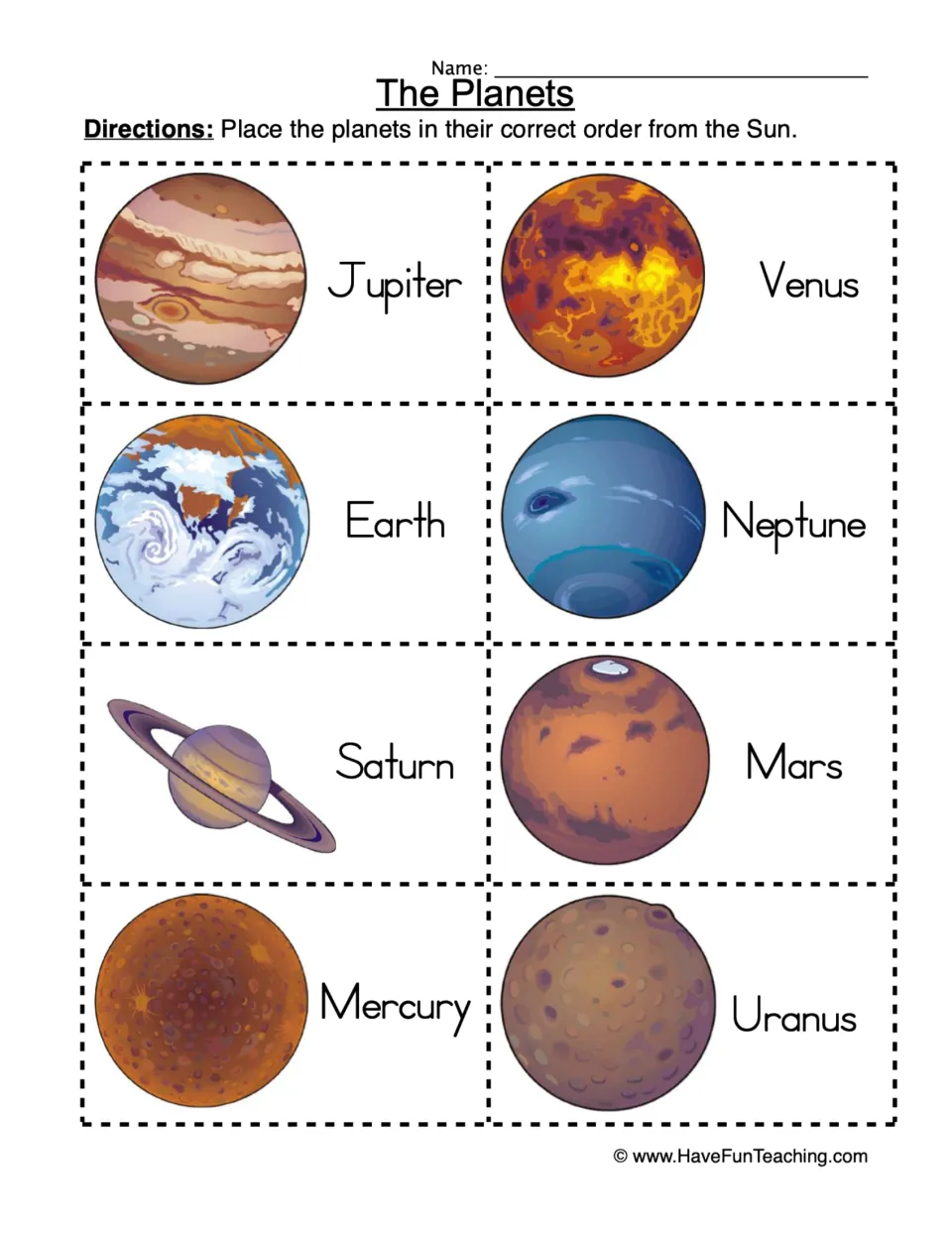 The Planets cards: students cut out eight labelled planet pictures, Mercury to Neptune, to order by distance from the Sun
