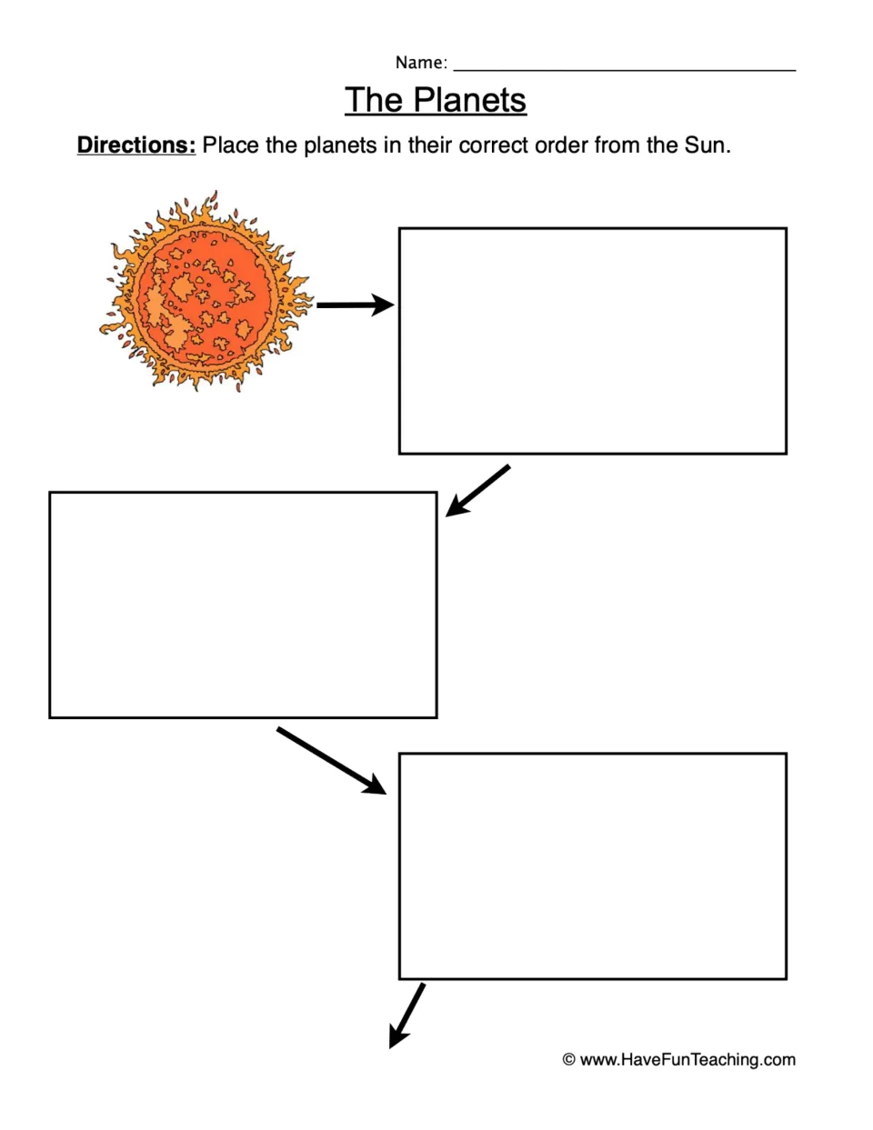 Sequencing the planets: students place the first three planets in order along an arrow path that begins at the Sun