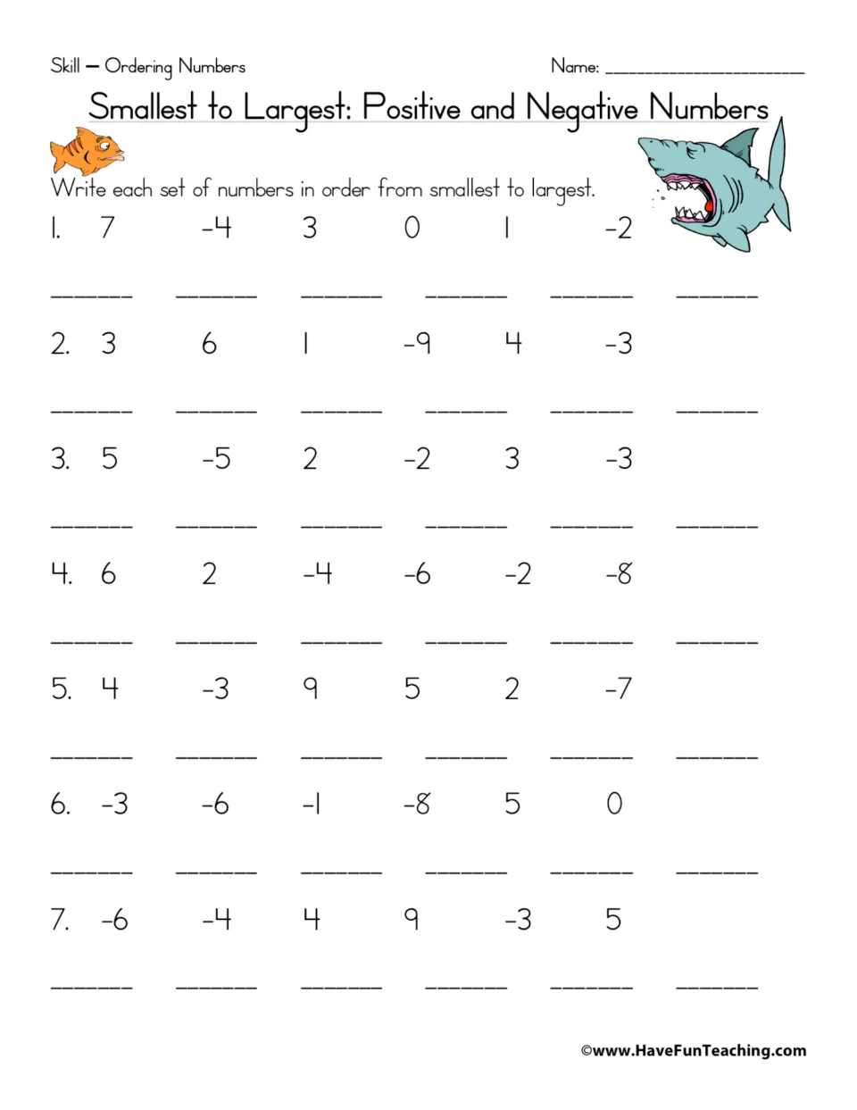 Smallest to largest with positive and negative numbers: students order 7 sets of six integers, some including zero