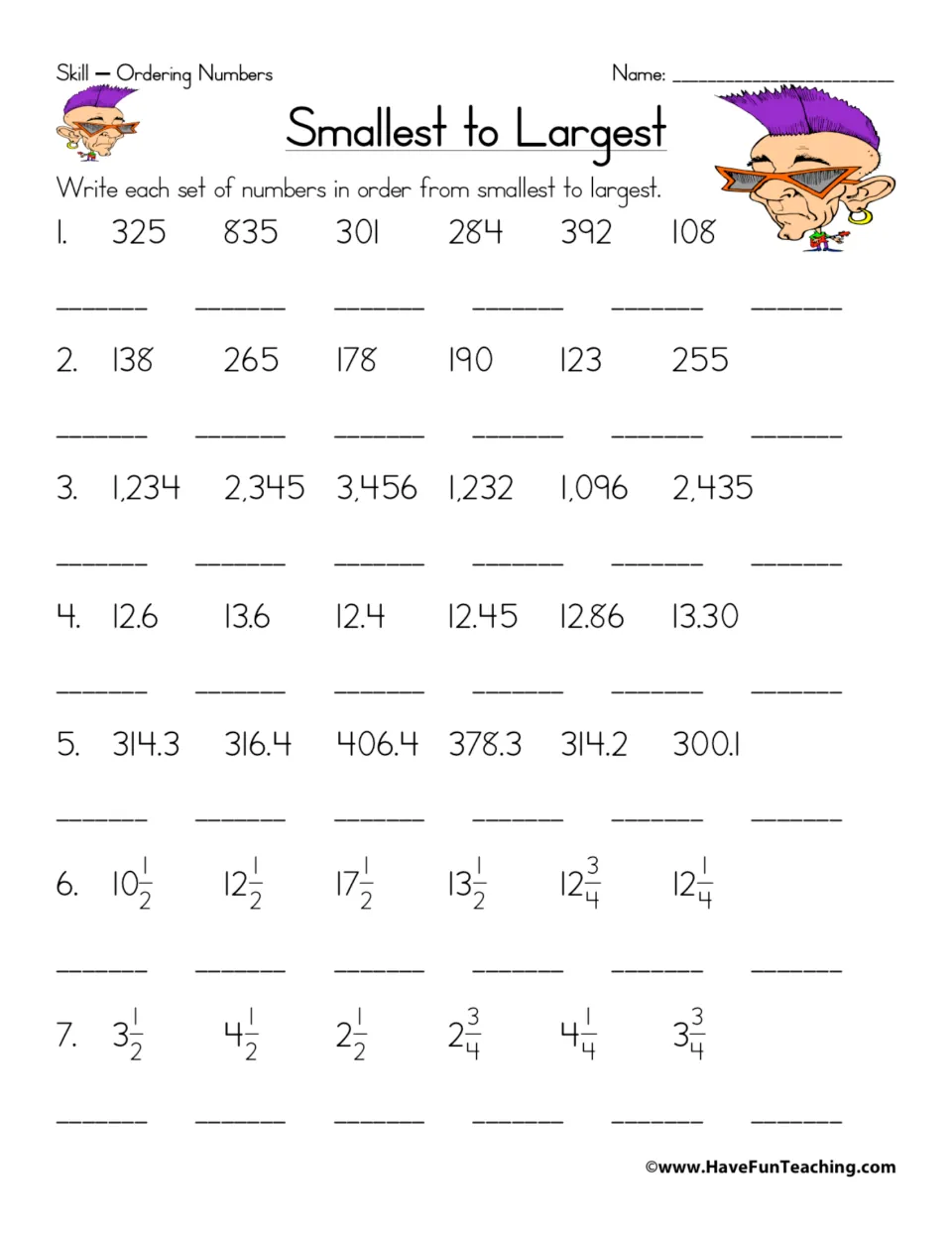 Smallest to Largest: students order 7 sets of whole numbers, decimals and mixed numbers from smallest to largest