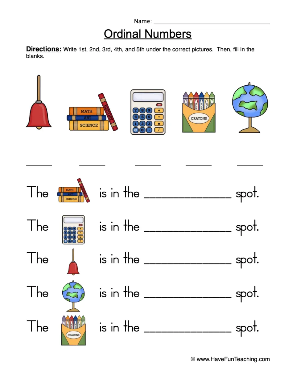 Ordinal number practice: label a bell, books, calculator, crayons, and globe 1st–5th and complete sentences.