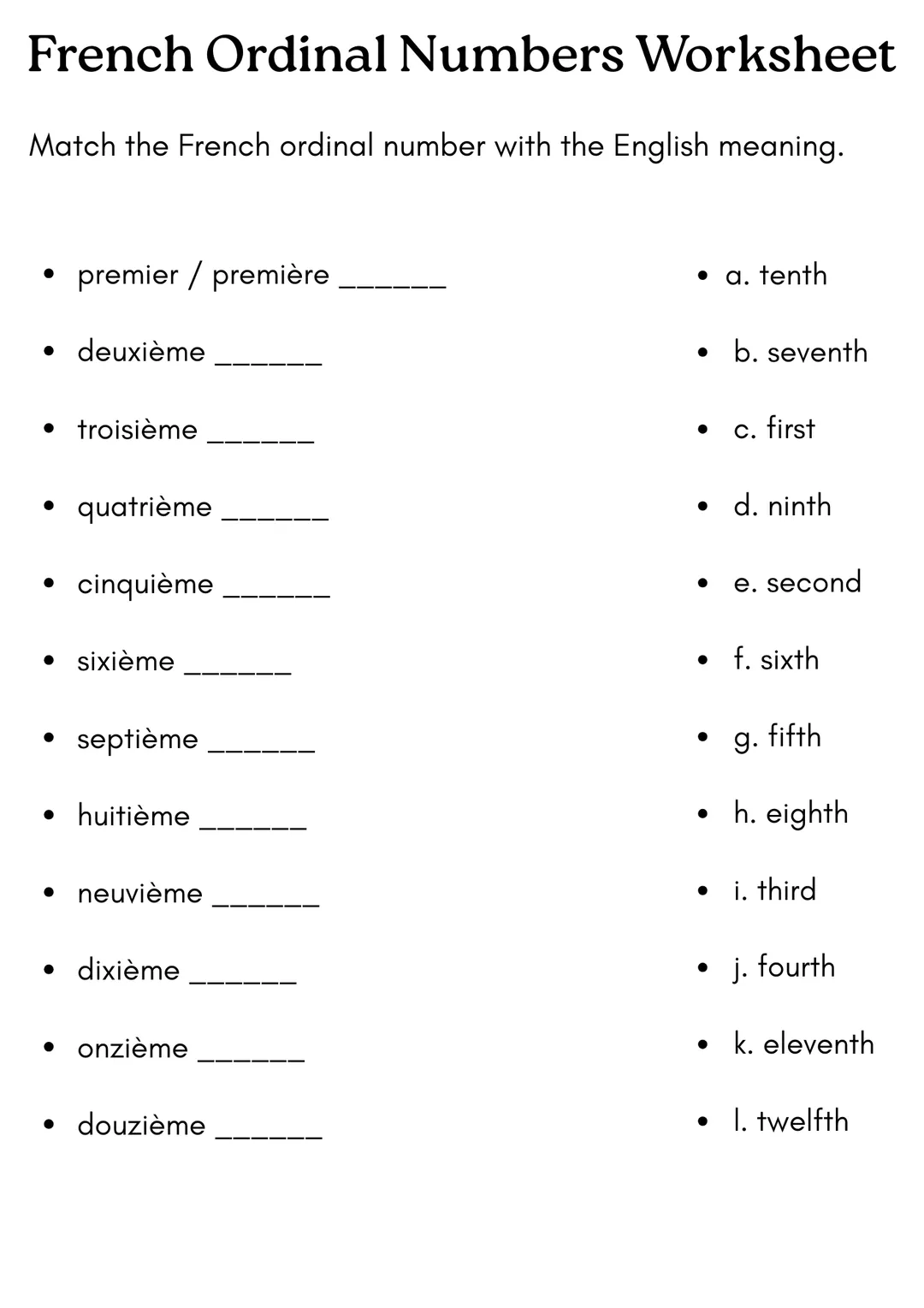 ordinal numbers in french exercises Worksheet with answers – cover