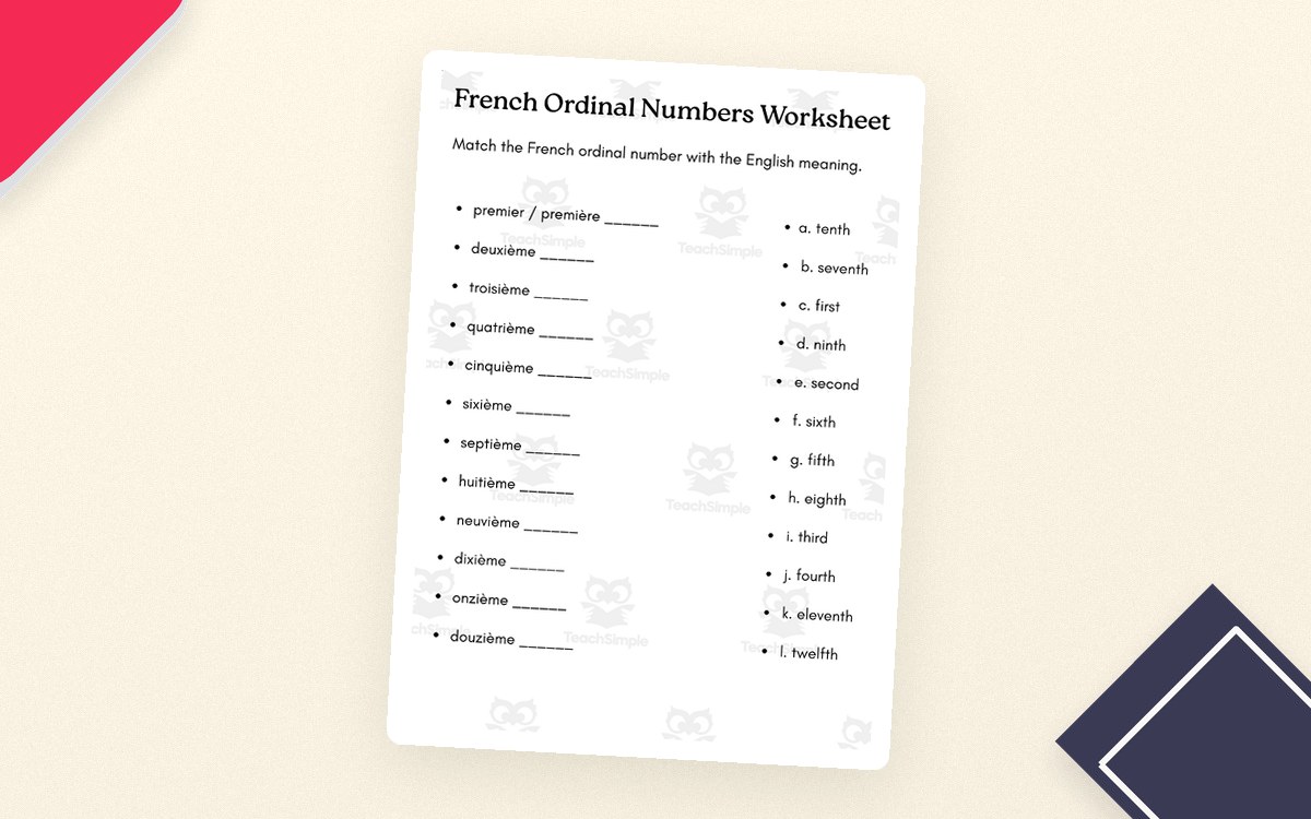 ordinal numbers in french exercises Worksheet with answers preview