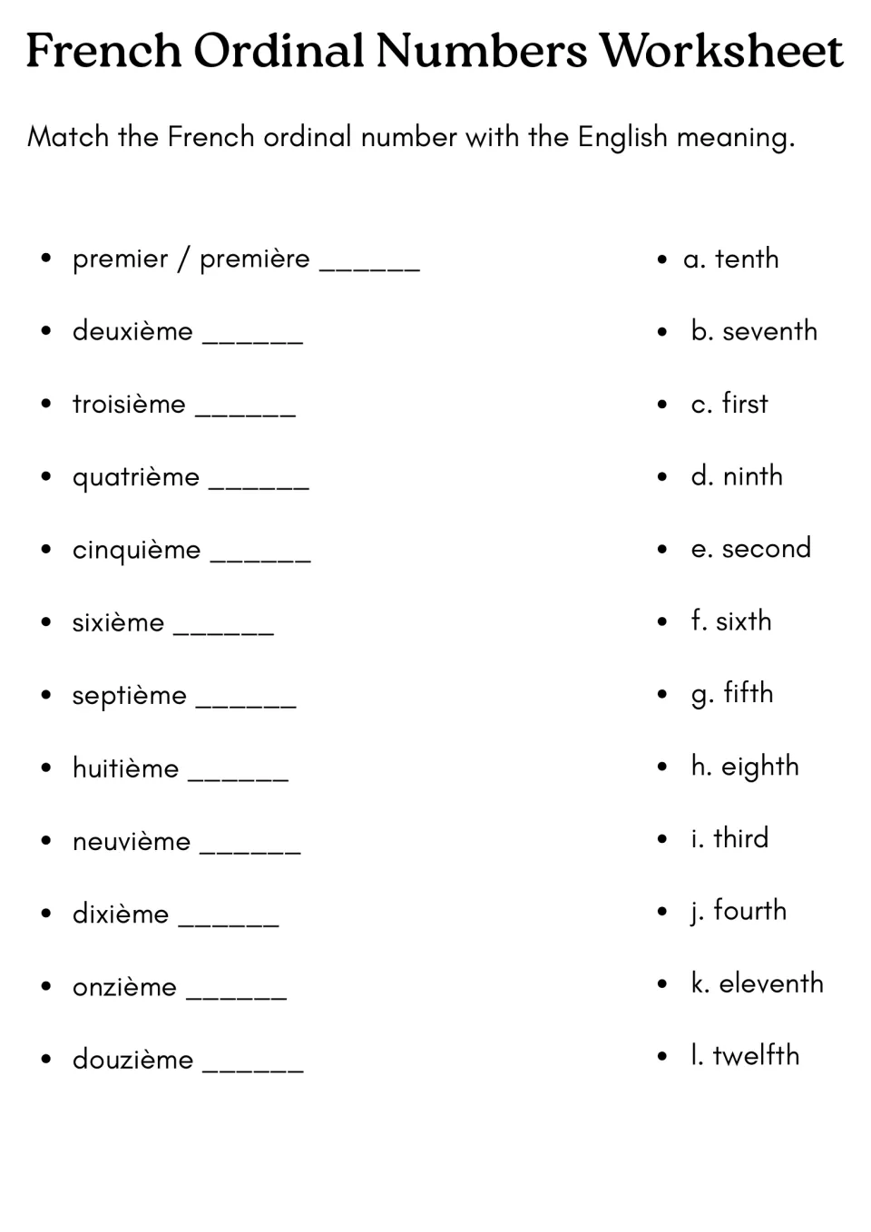 French ordinal numbers matching: students pair premier through douzième with English meanings first to twelfth