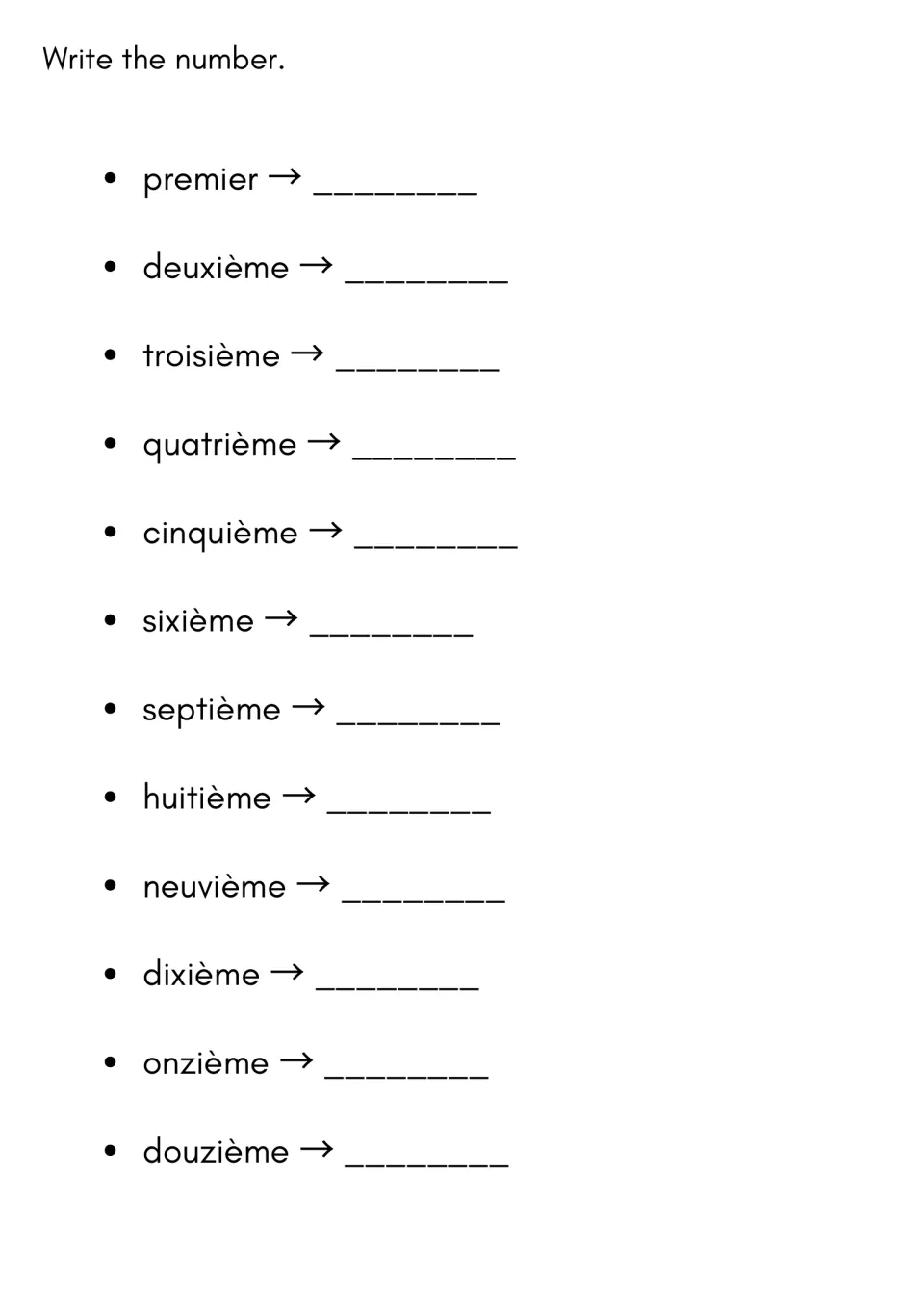 Reading French ordinals: students write the matching number beside each word from premier to douzième