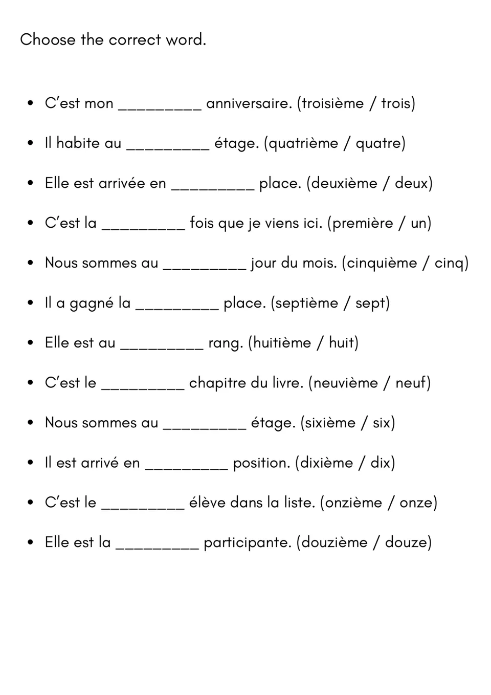 Ordinal or cardinal? Students choose between pairs like troisième / trois to complete 12 French sentences