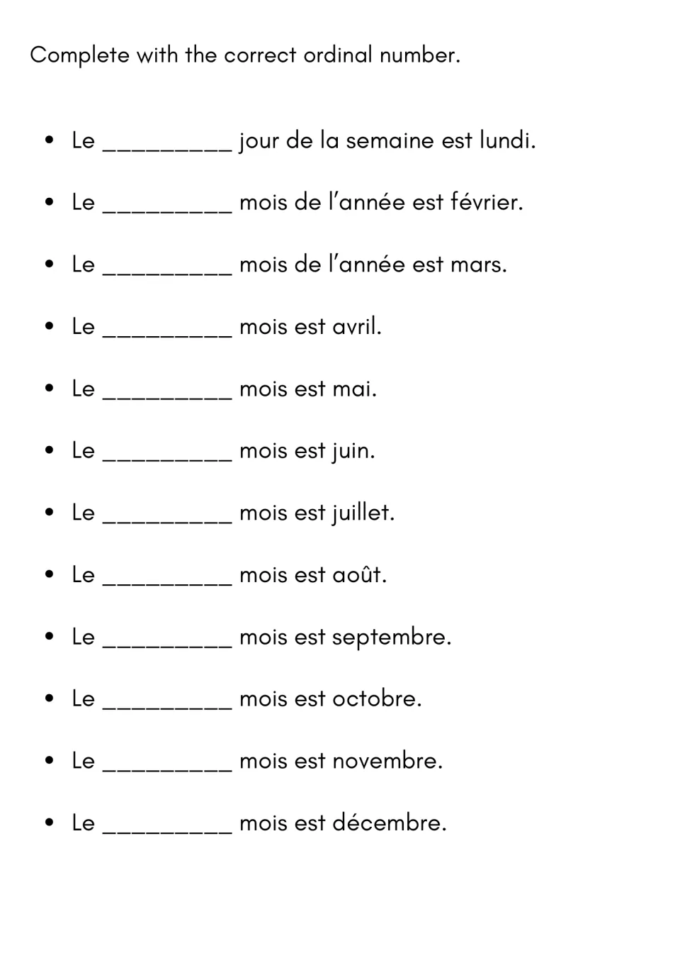French ordinals with the calendar: students give the position of lundi in the week and of each month février to décembre