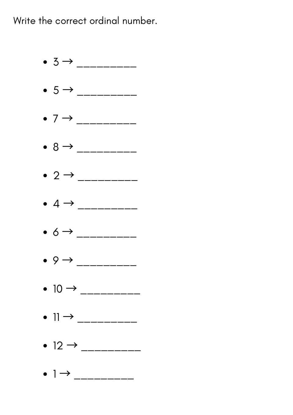 Numbers to French ordinals: students write the ordinal word for 1 to 12 given in mixed order, starting with 3