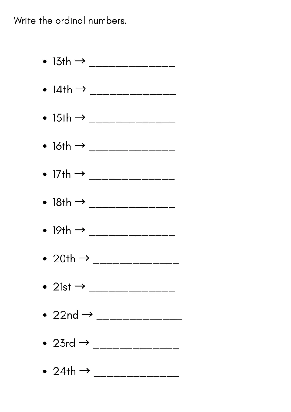 Higher French ordinals: students write the French ordinal word for 13th through 24th