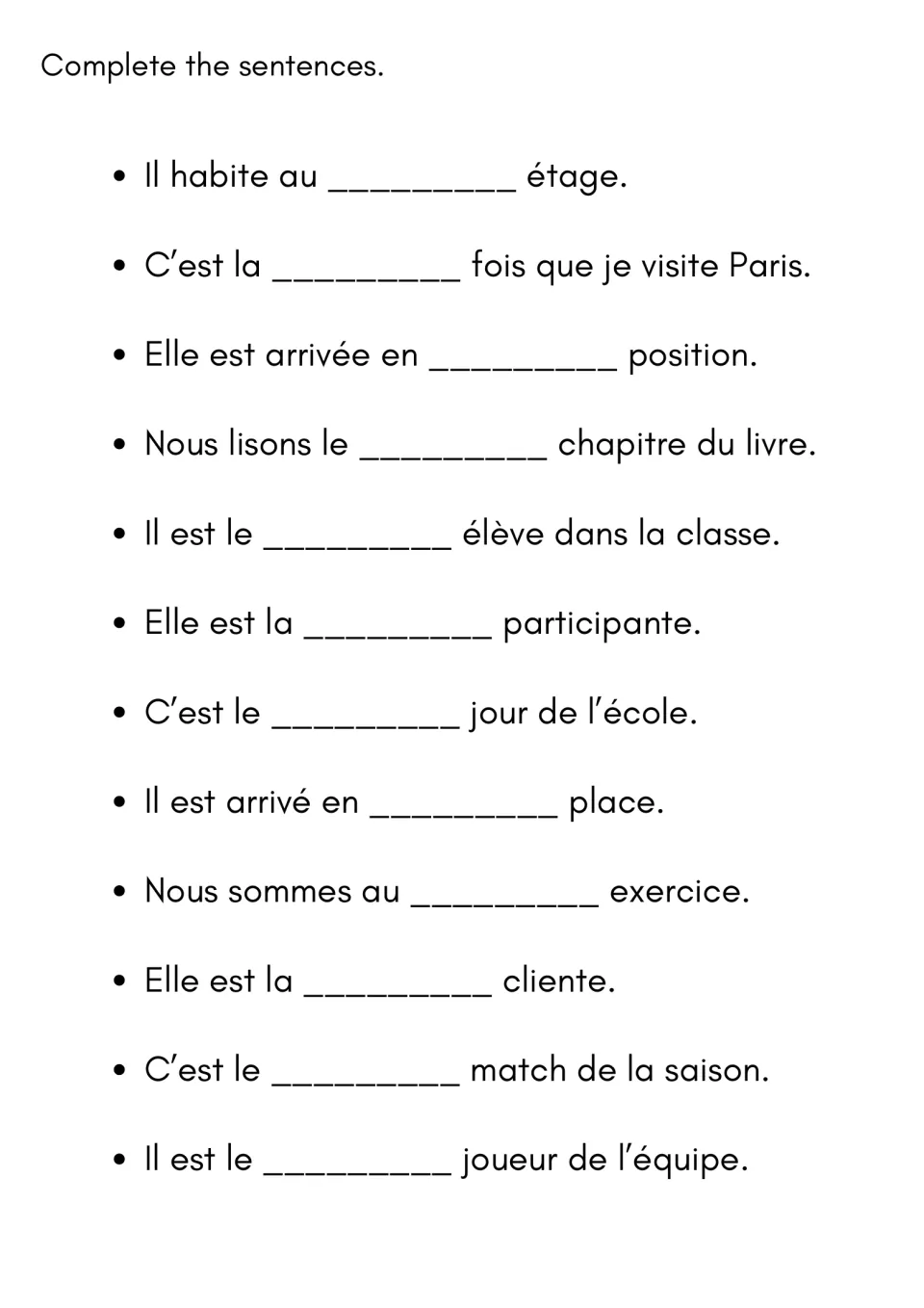 More ordinals in context: students complete 12 French sentences such as C'est la ___ fois que je visite Paris
