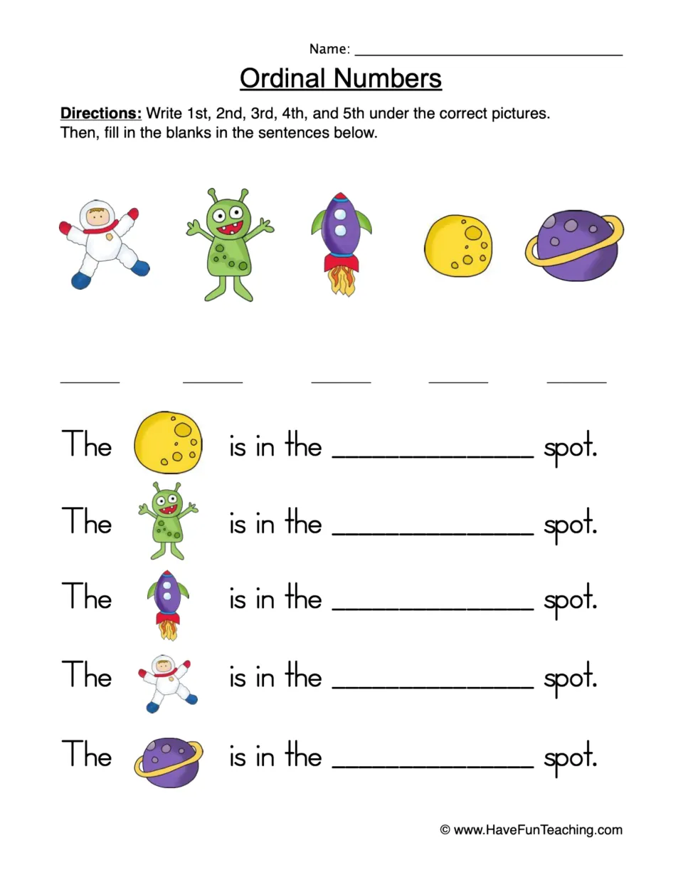 Ordinal number practice: label an astronaut, alien, rocket, moon, and planet 1st–5th, then complete sentences.