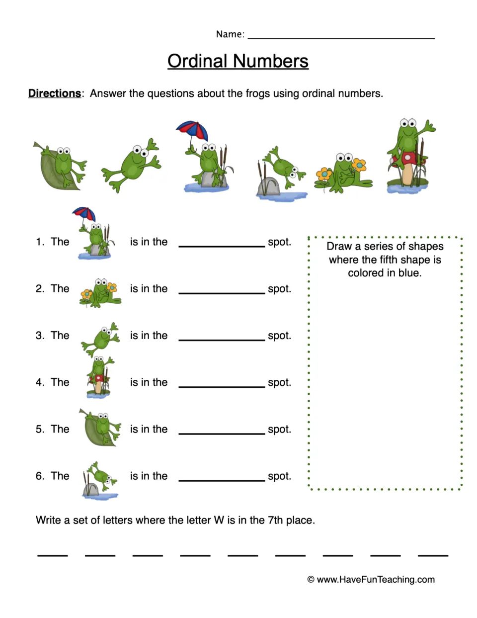 Ordinal number practice: name six frogs' positions, draw the fifth shape blue, and write W in seventh place.
